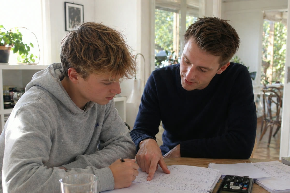 Privat tutor hjælper smilende dansk skoleelev med lektier ved bord